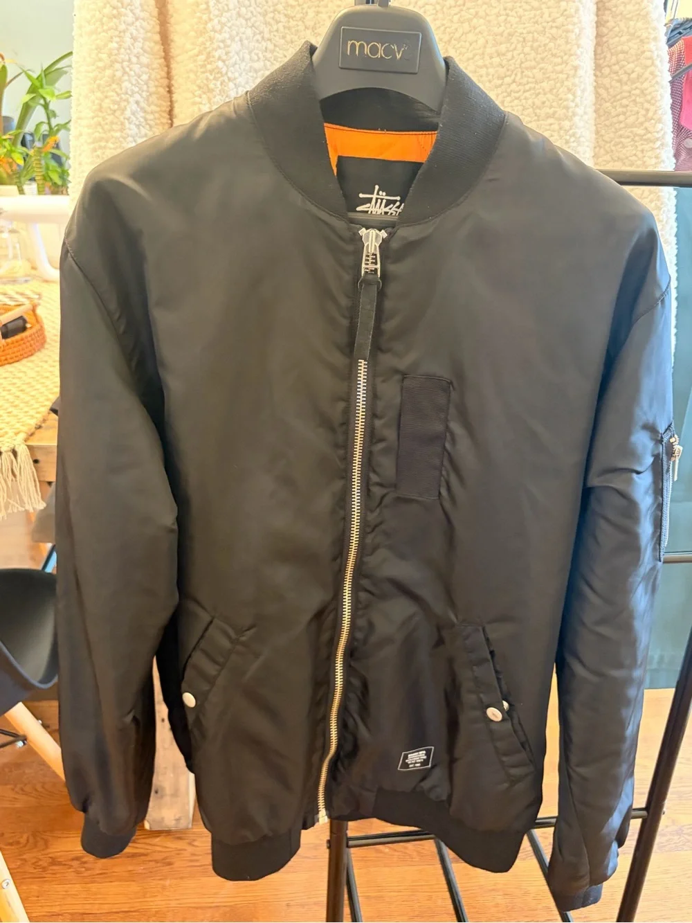 Stussy Black Bomber Jacket with Orange Lining